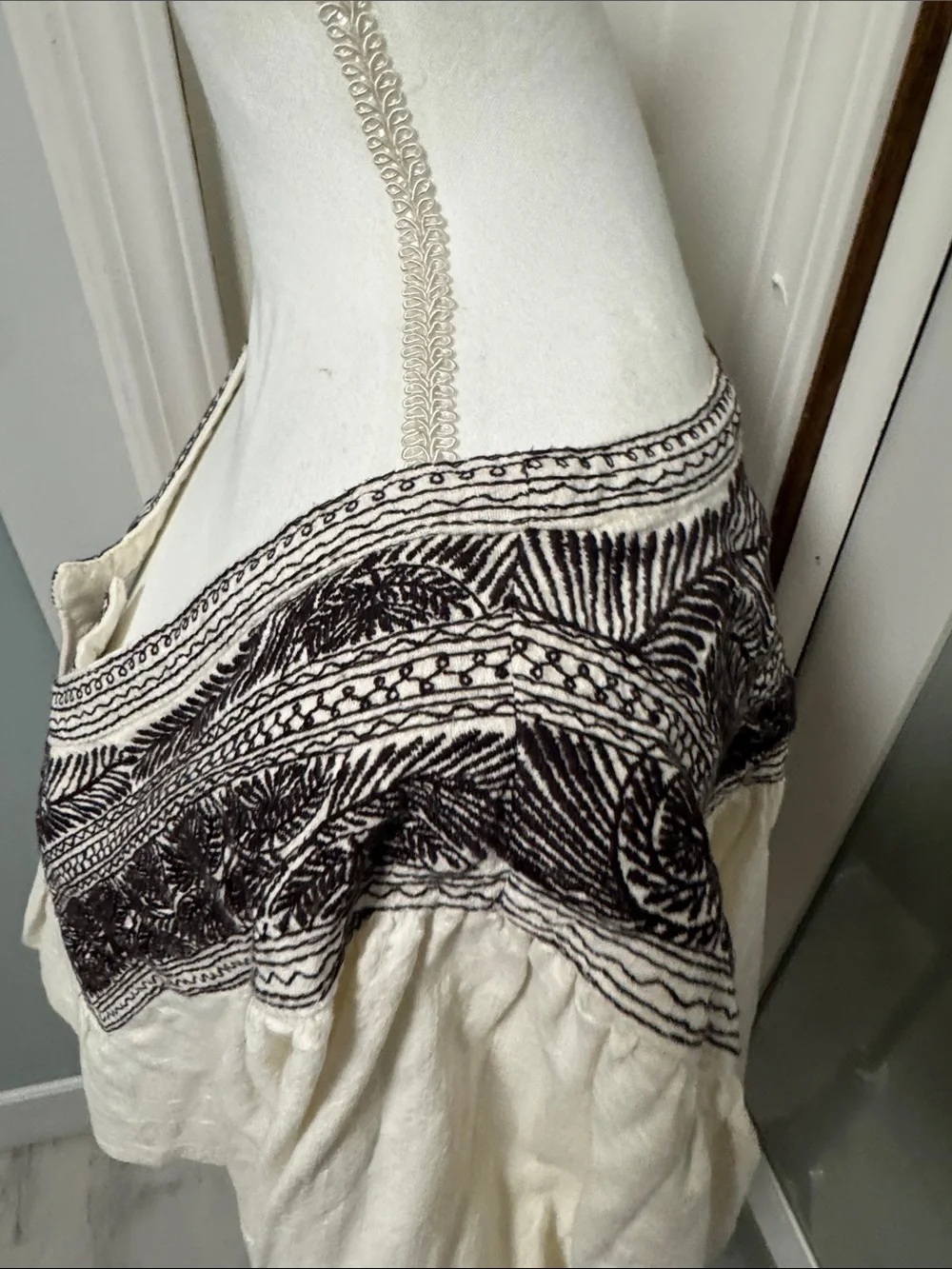 Free People Cream Peasant Blouse with Black Embroidery